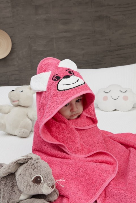 Pupy Bear Pamuklu Kapşonlu Kız-erkek Yenidoğan Bebek Kundak Havlusu Nakış Işlemeli Fuşya 100x100cm  100 x 100  Fuşya