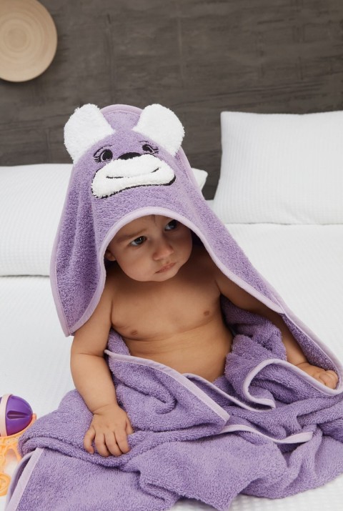 Pupy Bear Pamuklu Kapşonlu Kız-erkek Yenidoğan Bebek Kundak Havlusu Nakış Işlemeli Lila 100x100cm  100 x 100  Lila