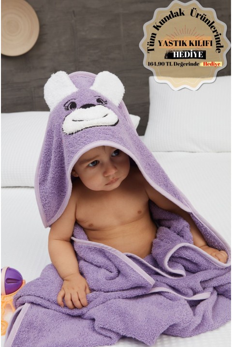 Pupy Bear Pamuklu Kapşonlu Kız-erkek Yenidoğan Bebek Kundak Havlusu Nakış Işlemeli Lila 100x100cm  100 x 100  Lila