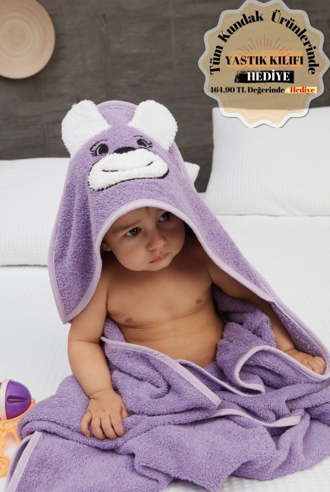 Pupy Bear Pamuklu Kapşonlu Kız-erkek Yenidoğan Bebek Kundak Havlusu Nakış Işlemeli Lila 100x100cm  100 x 100  Lila