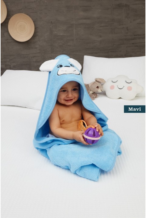 Pupy Bear Pamuklu Kapşonlu Kız-erkek Yenidoğan Bebek Kundak Havlusu Nakış Işlemeli Mavi 100x100cm  100 x 100  Mavi