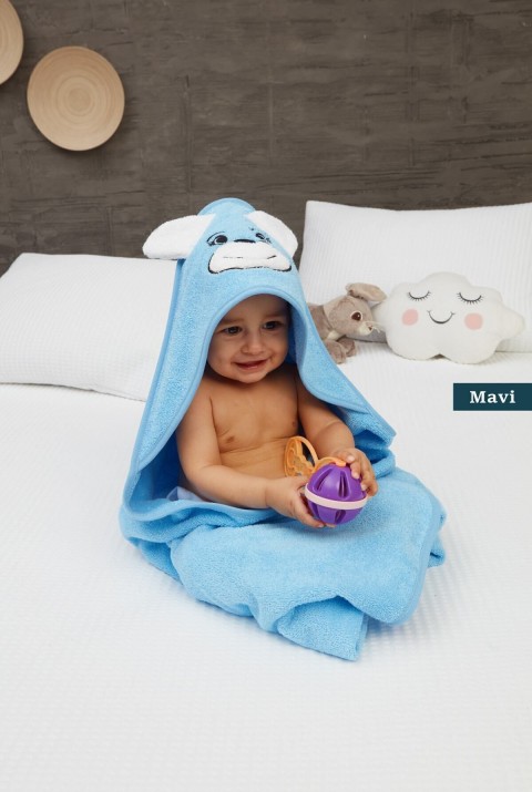 Pupy Bear Pamuklu Kapşonlu Kız-erkek Yenidoğan Bebek Kundak Havlusu Nakış Işlemeli Mavi 100x100cm  100 x 100  Mavi