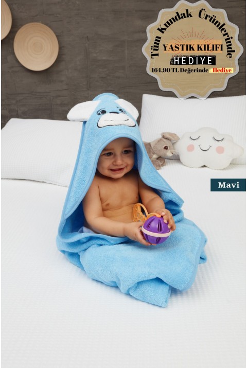 Pupy Bear Pamuklu Kapşonlu Kız-erkek Yenidoğan Bebek Kundak Havlusu Nakış Işlemeli Mavi 100x100cm  100 x 100  Mavi