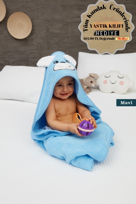 Pupy Bear Pamuklu Kapşonlu Kız-erkek Yenidoğan Bebek Kundak Havlusu Nakış Işlemeli Mavi 100x100cm  100 x 100  Mavi