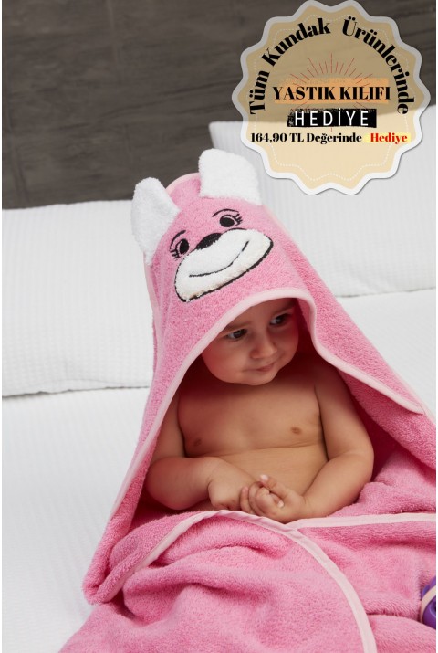 Pupy Bear Pamuklu Kapşonlu Kız-erkek Yenidoğan Bebek Kundak Havlusu Nakış Işlemeli Pembe 100x100cm  100 x 100  Pembe