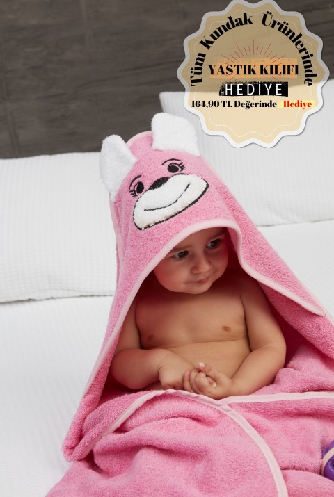 Pupy Bear Pamuklu Kapşonlu Kız-erkek Yenidoğan Bebek Kundak Havlusu Nakış Işlemeli Pembe 100x100cm  100 x 100  Pembe