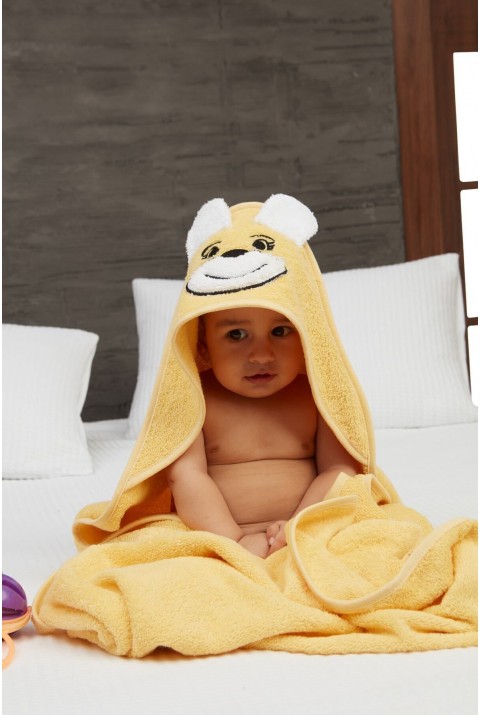 Pupy Bear Pamuklu Kapşonlu Kız-erkek Yenidoğan Bebek Kundak Havlusu Nakış Işlemeli Sarı 100x100cm  100 x 100  Sarı