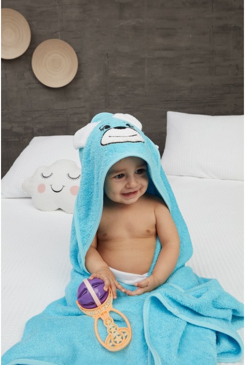 Pupy Bear Pamuklu Kapşonlu Kız-erkek Yenidoğan Bebek Kundak Havlusu Nakış Işlemeli Turkuaz 100x100cm  100 x 100  Turkuaz
