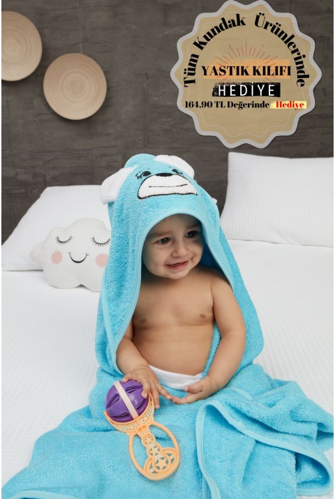 Pupy Bear Pamuklu Kapşonlu Kız-erkek Yenidoğan Bebek Kundak Havlusu Nakış Işlemeli Turkuaz 100x100cm  100 x 100  Turkuaz