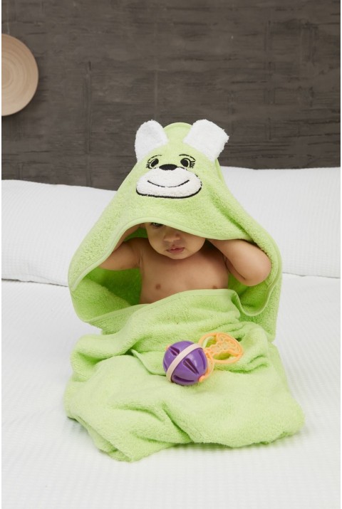 Pupy Bear Pamuklu Kapşonlu Kız-erkek Yenidoğan Bebek Kundak Havlusu Nakış Işlemeli Yeşil 100x100cm  100 x 100  Yeşil