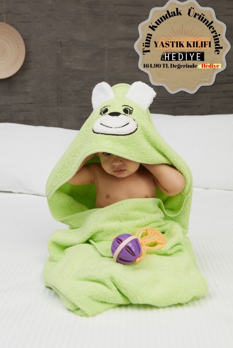 Pupy Bear Pamuklu Kapşonlu Kız-erkek Yenidoğan Bebek Kundak Havlusu Nakış Işlemeli Yeşil 100x100cm  100 x 100  Yeşil