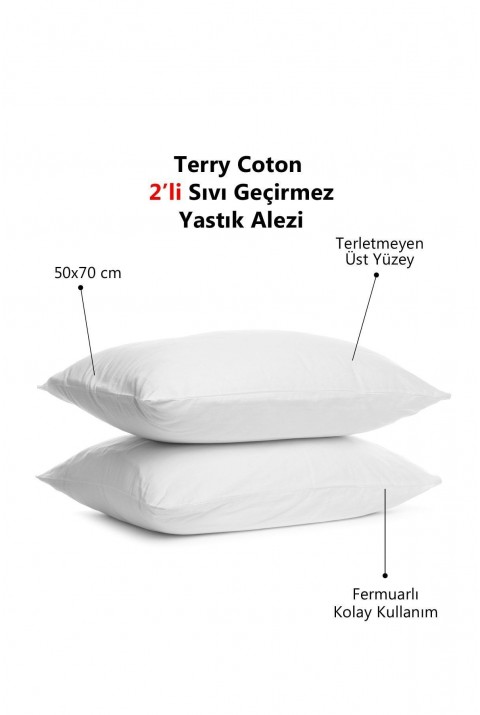 Terry Cotton Pamuklu 2'li Fermuarlı Sıvı Su Geçirmez Yastık Koruyucu Alezi 50x70 Cm  50 x 70  Beyaz