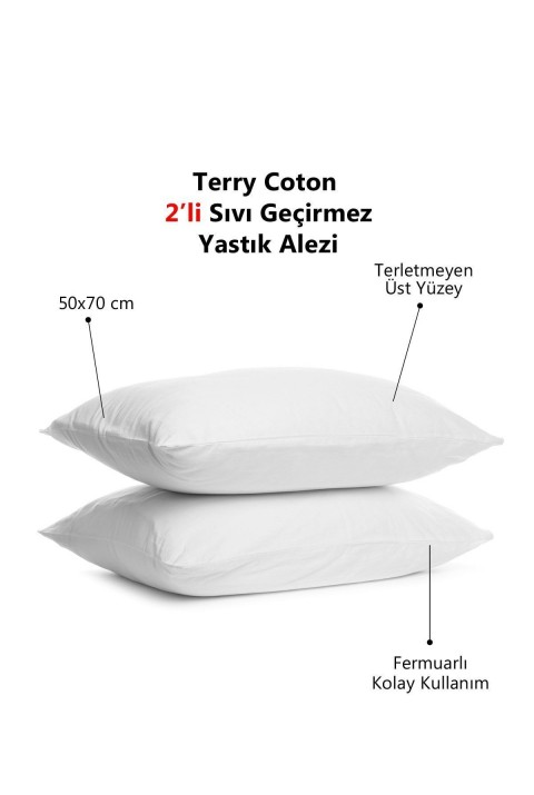 Terry Cotton Pamuklu 2'li Fermuarlı Sıvı Su Geçirmez Yastık Koruyucu Alezi 50x70 Cm  50 x 70  Beyaz