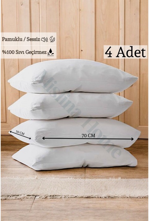 Terry Cotton Pamuklu 4'Lü Fermuarlı Sıvı Su Geçirmez Sessiz Yastık Koruyucu Alez 50x70 Cm  50 x 70  Beyaz