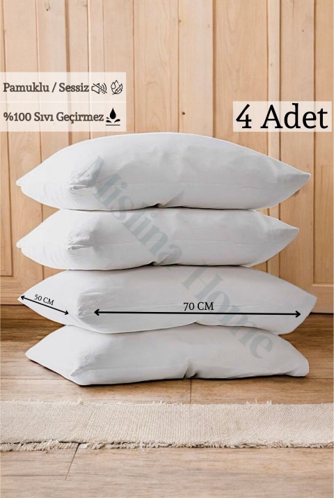 Terry Cotton Pamuklu 4'Lü Kapaklı Sıvı Su Geçirmez Sessiz Yastık Koruyucu Alez 50x70 Cm  50 x 70  Beyaz