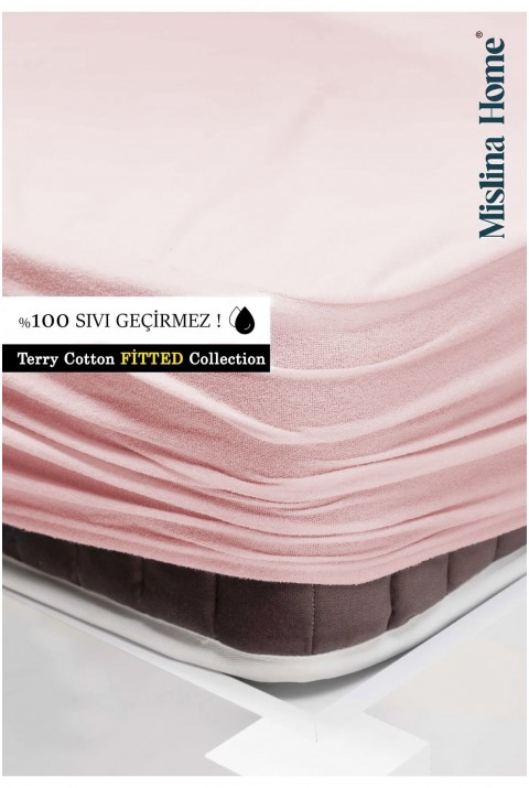 Terry Pamuklu Pembe Sıvı Su Geçirmez Fitted Full Kenar Tek Çift Kişilik Yatak Koruyucu Sessiz Alez  140 x 200  Pembe