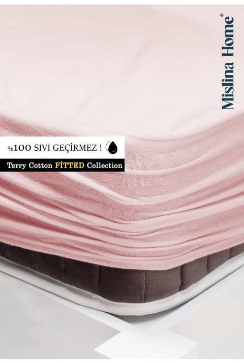 Terry Pamuklu Pembe Sıvı Su Geçirmez Fitted Full Kenar Tek Çift Kişilik Yatak Koruyucu Sessiz Alez  140 x 200  Pembe